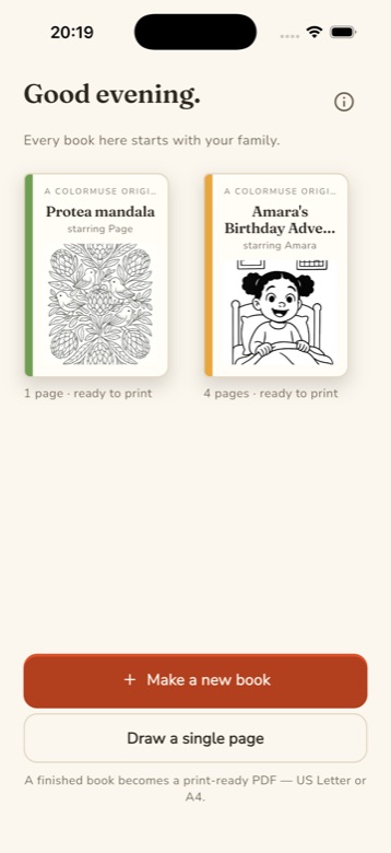ColorMuse app home screen showing a shelf of finished colouring books