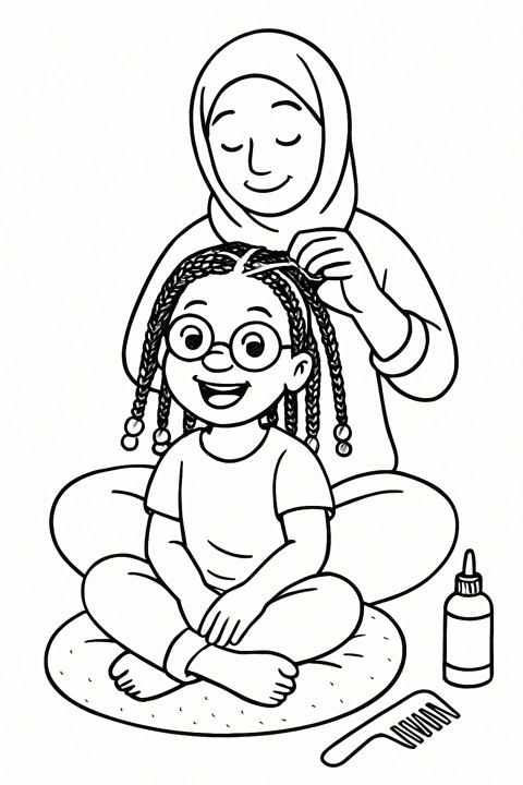 Colouring page of a girl having her hair braided by her auntie