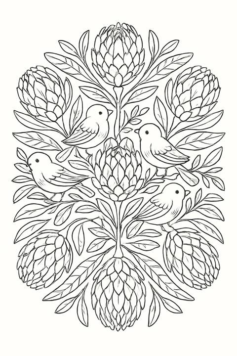 Intricate protea flower mandala colouring page