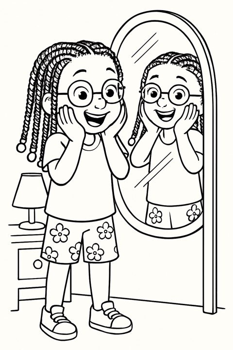 Colouring page of a girl seeing her new braids in the mirror