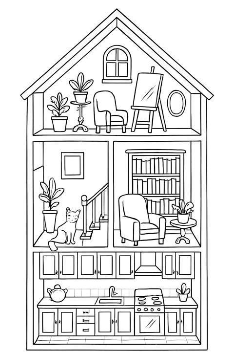 Isometric 3D cutaway colouring page of a three-storey townhouse with a cat on the stairs