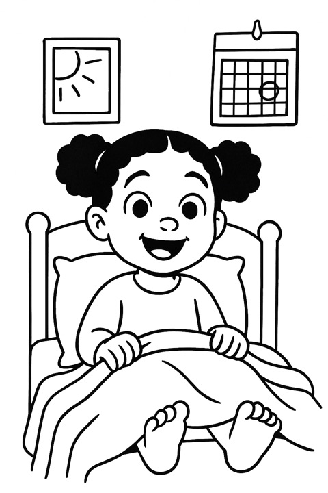 Colouring page of a girl waking up on her birthday
